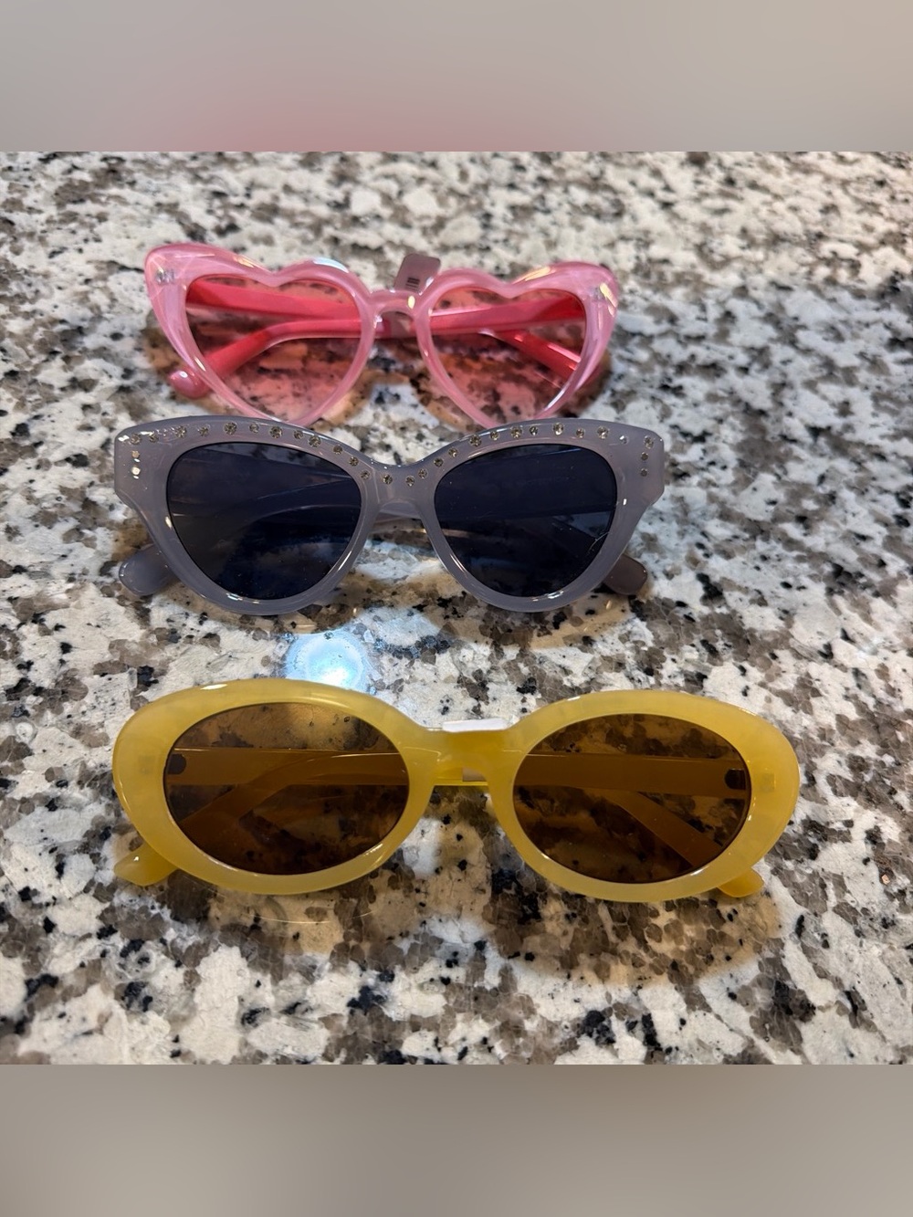 Woman’s Pink Heart + Gray Rhinestone + Yellow Sunglasses Set